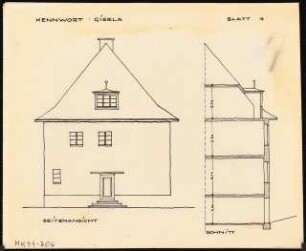 Zweifamilienhaus Monatskonkurrenz Februar 1930: Aufriss Seitenansicht, halber Längsschnitt
