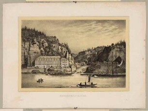 Herrnskretschen (Hřensko, Tschechien) in der Böhmischen Schweiz vom linken Elbufer nach Osten auf das Herrenhaus (Gasthof, Hotel) und die Mündung der Kamnitz