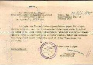 Amtliches Schreiben mit der Mitteilung über die Einstellung des Entnazifizierungsverfahrens