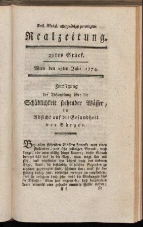 29tes Stück. Wien den 23ten Julii 1774.