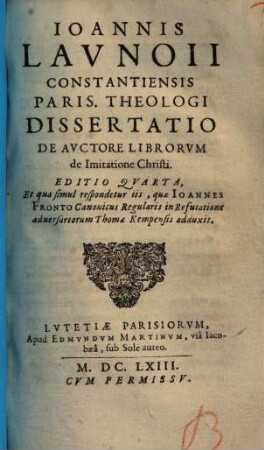 Dissertatio de auctore librorum de imitatione Christi