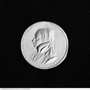 Medaille der Margarete von Frankreich (1523-1574), Brustporträt nach links mit Haube und hohem Spitzenkragen; Perlrand