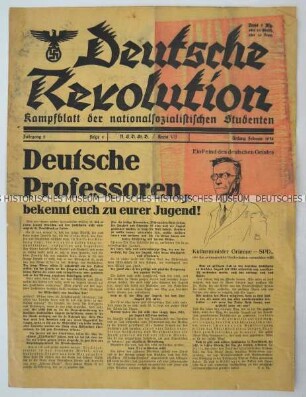 Zeitschrift des Nationalsozialistischen Deutschen Studentenbundes "Deutsche Revolution" mit Titel zur Politik des preußischen Kultusministers Adolf Grimme