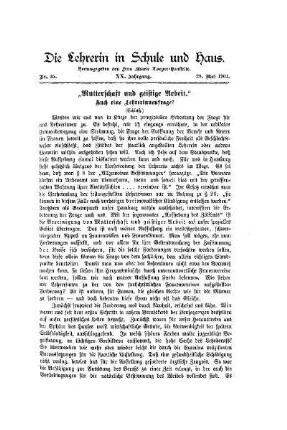 "Mutterschaft und geistige Arbeit" : auch eine Lehrerinnenfrage? ; (Schluß)