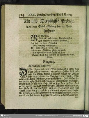 Ein und Dreyßigste Predigt. Von dem Selbst-Betrug bey der Busse