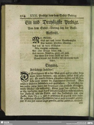 Ein und Dreyßigste Predigt. Von dem Selbst-Betrug bey der Busse