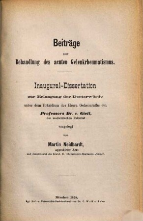 Beiträge zur Behandlung des acuten Gelenkrheumatismus