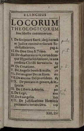 Elenchus Locorum Theologicorum hoc libello contentorum.