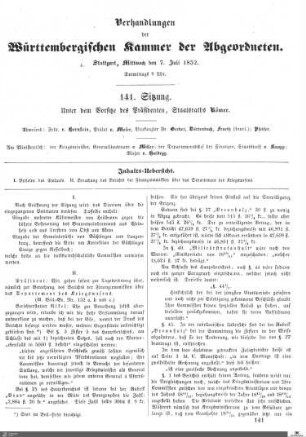 141. Sitzung, Stuttgart, 7.7.1852