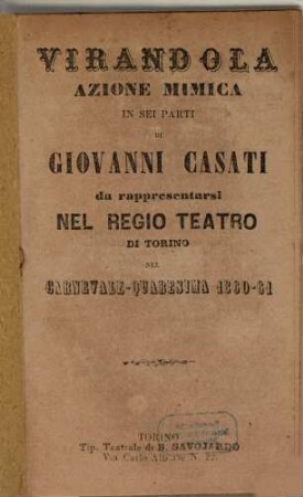 Virandola : azione mimica in sei parti ; da rappresentarsi nel Regio Teatro di Torino nel carnevale-quaresima 1860 - 61