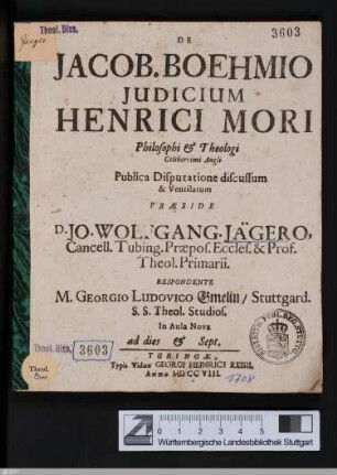 De Jacob. Boehmio judicium Henrici Mori