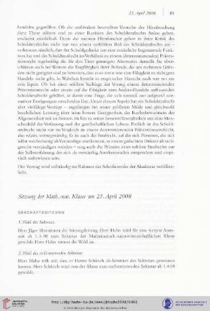 Sitzung der Math.-nat. Klasse am 25. April 2008