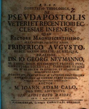 Dispvtatio Theologica De Psevdapostolis Veteri Et Recentiori Ecclesiae Infensis