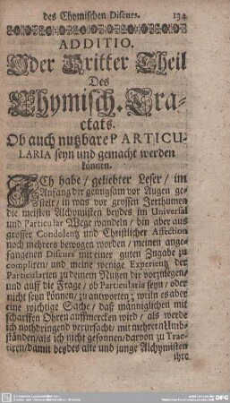 ADDITIO. Oder Dritter Theil Des Chymisch. Tractats.
