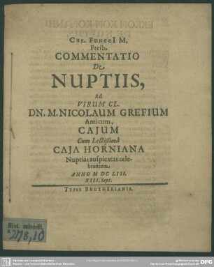 Chr. Funcci[i] M. Freib. Commentatio De Nuptiis