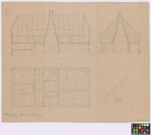 Müngen (Landkreis Heiligenbeil): Hantel. - [Wohnhaus] (Längsschnitt, Querschnitt, Grundriss). - [Traufe, Detail] (Teil-Querschnitt)