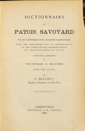 Dictionnaire du patois savoyard : tel qu'il est parlé dans le canton d'Albertville