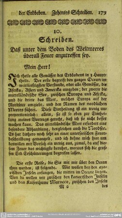 10. Schreiben. Daß unter dem Boden des Weltmeeres überall Feuer anzutreffen sey