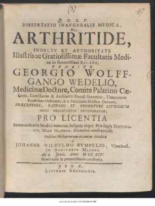 Dissertatio Inauguralis Medica, De Arthritide