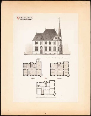 Villa Katzenstein, Bielefeld: Aufriss 1:100, Grundrisse EG, OG, KG 1:150