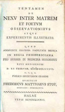 Tentamen De Nexv Inter Matrem Et Foetvm Observationibvs Atqve Experimentis Illvstrato