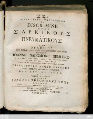 Dispvtatio Theologica De Discrimine Inter Sarkikus Et Pneumatikus
