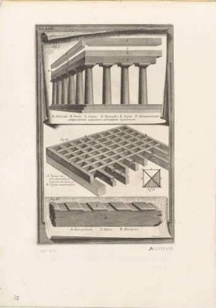 Drei Diagramme dorischer Tempelkonstruktionen, aus der Folge "Della Magnificenza ed Architettura de’ Romani", Tafel XXIII.