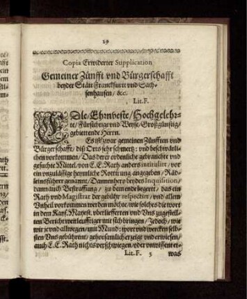 Copia Erwiderter Supplication Gemeiner Zünfft und Bürgerschafft beyder Stätt Franckfurtt und Sachsenhausen/ &c.