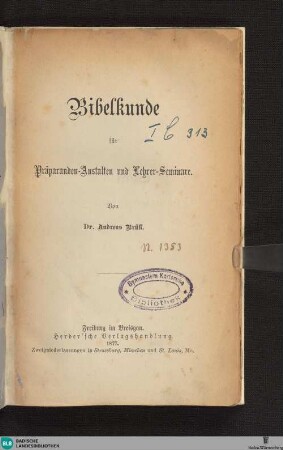 Bibelkunde für Präparanden-Anstalten und Lehrer-Seminare