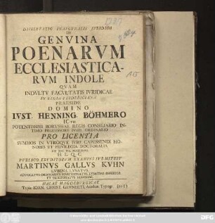 Dissertatio Inavgvralis Ivridica De Genvina Poenarvm Ecclesiasticarvm Indole