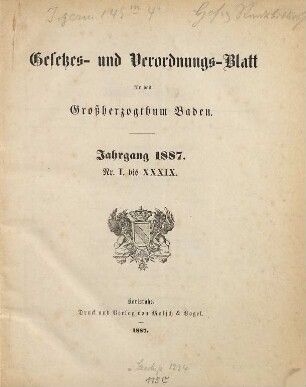 Gesetzes- und Verordnungs-Blatt für das Großherzogthum Baden. 1887
