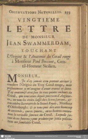 Vingtiéme Lettre De Monsieur Jean Swammerdam, Touchant L'Origine & l'Anatomie du Corail rouge à Monsieur Paul Boccone, Gentil-Homme Sicilien