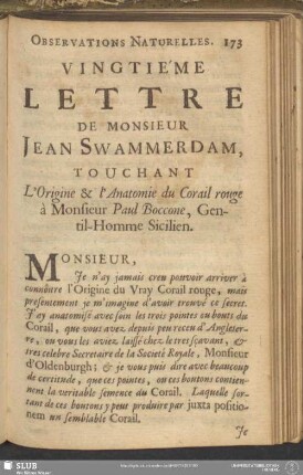 Vingtiéme Lettre De Monsieur Jean Swammerdam, Touchant L'Origine & l'Anatomie du Corail rouge à Monsieur Paul Boccone, Gentil-Homme Sicilien