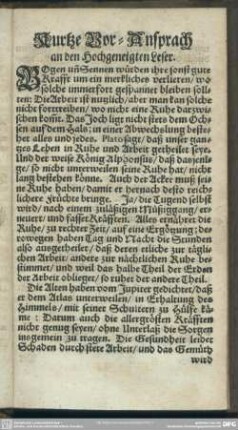 Kurtze Vor-Ansprach an den Hochgeneigten Leser
