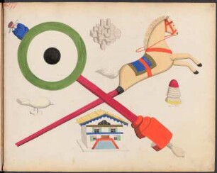 J. D. Oehme, Grünhainichen : Spielzeugmusterbuch, 82 Tafeln (rechtsseitig, Rückseiten ausnahmslos leer), die Tafelnummerierung (rot, oben links, teilweise abgeschnitten/nicht identifizierbar) und Seitenzählung (Bleistift, oben rechts) stimmt nicht durchgehend überein; handkolorierte Zeichnungen, teilweise mit Papier beklebt (bedruckte Zettel, aber auch Originalpapier, mit dem die abgebildeten Objekte beklebt wurden). Gesamtseiten: 184; davon Leerseiten und leere Rückseiten: 86