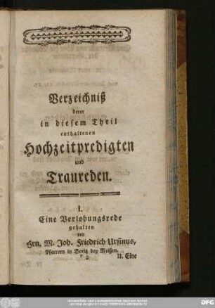 Verzeichniß derer in diesem Theil enthaltenen Hochzeitpredigten und Traureden.
