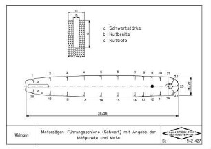 Motorsägen-Führungsschiene (Schwert) mit Angabe der Messpunkte und Masse