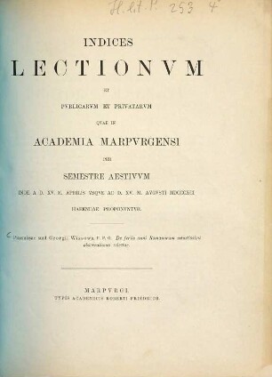 Indices lectionum et publicarum et privatarum quae in Academia Marpurgensi ... habendae proponuntur. 1891. SS.