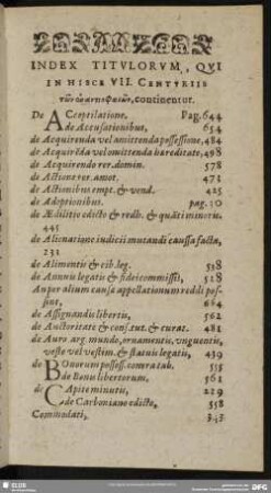 Index Titulorum, Qui In Hisce VII. Centuriis