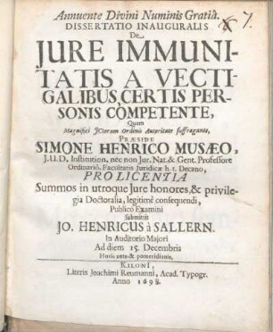 Dissertatio Inauguralis De Iure Immunitatis A Vectigalibus, Certis Personis Competente