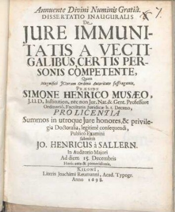 Dissertatio Inauguralis De Iure Immunitatis A Vectigalibus, Certis Personis Competente