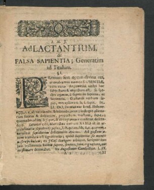 Ad Lactantium, de Falsa Sapientia; Generatim ad Titulum.