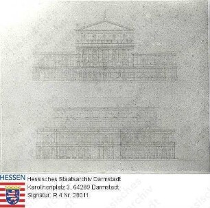 Darmstadt, Hoftheater / Ansichten des Vorentwurfs von Gottfried Semper (1803-1879) für den Wiederaufbau des Hoftheaters nach dem Brand von 1871