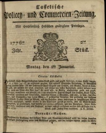 2tes Stueck, Montag den 8ten Januarius 1776
