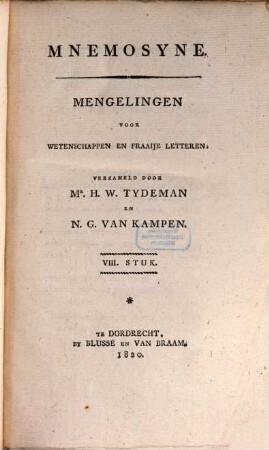 Mnemosyne : mengelingen voor geschied- en letterkunde. 8. 1820