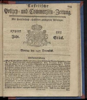 52tes Stueck, Montag den 24ten December. 1792