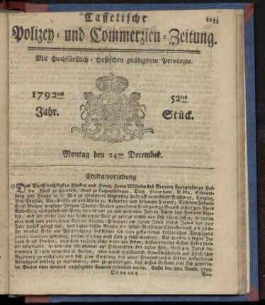 52tes Stueck, Montag den 24ten December. 1792
