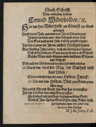 Grab-Schrifft Dem entseelten Helden Conrad Widerholden/ etc.