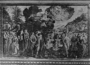 Ausmalung der Cappella Sistina — Wandmalerei des unteren Registers — Übergabe der Gesetzestafeln und Anbetung des Goldenen Kalbes