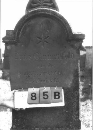 Grabstein 85 (Index: 99609721) Material: Sandstein Zustand: verwittert Maße HxBxT: 183x61x28 cm Beschreibung: Stele, eingezogener Rundbogenabschluß mit Verdachung, Mittelplamette, getreppter Sockel, unten Rusticaimitat Symbolik: Stern: Grabstein 85B